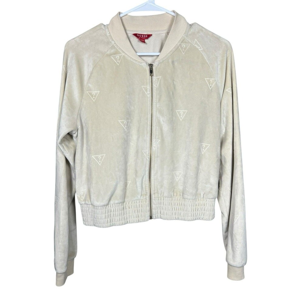 Guess Jeans Women’s Beige Question Logo Zip Front‎ Velour Hoodie Beige M